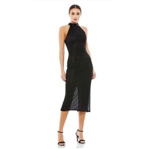 Mac Duggal NWT size 8 black BEADED HIGH NECK HALTER MIDI DRESS